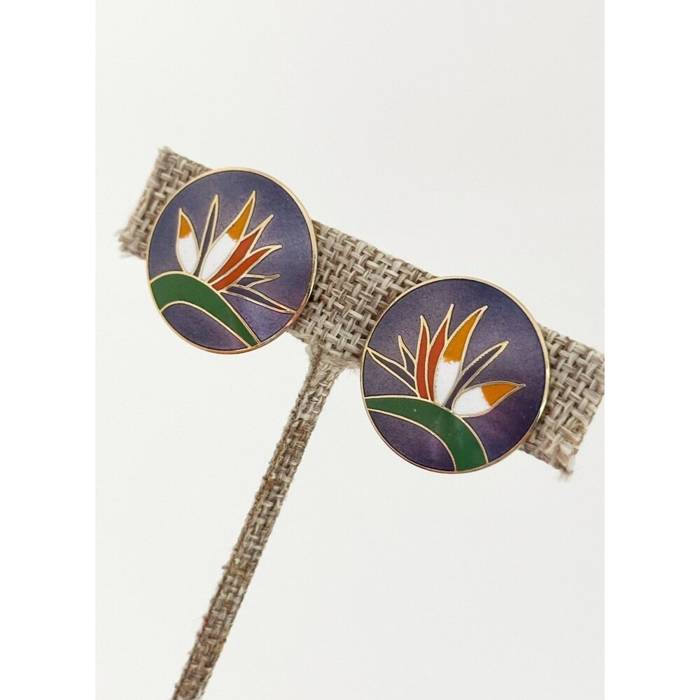 Vintage Laurel Burch Bird of Paradise Earrings 1980s Enamel Gold Tone Clip On
